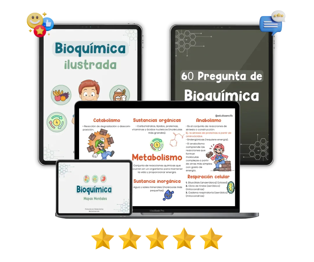 Mockup del paquete Bioquímica Ilustrada + ResuMapas + Cuaderno de Ejercicios