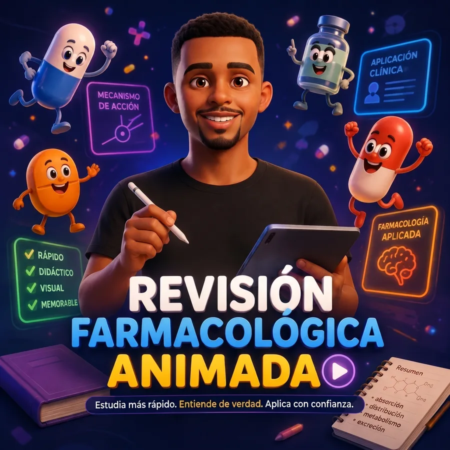Portada de la Revisión Farmacológica Animada con los personajes 3D de medicamentos