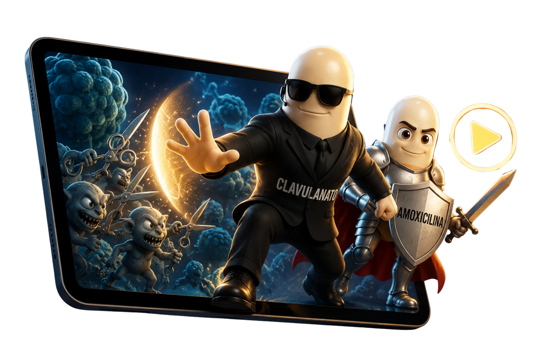 Personajes 3D de Amoxicilina y Clavulánico saliendo de una tablet con las revisiones animadas