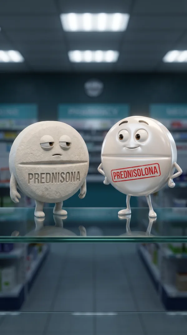 Escena animada: Prednisona frente a Prednisolona en el mostrador de la farmacia