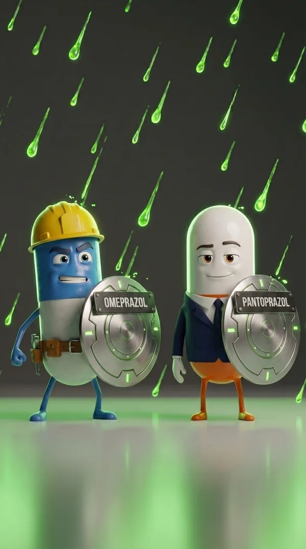 Escena animada: Omeprazol y Pantoprazol con escudos frente al ácido gástrico