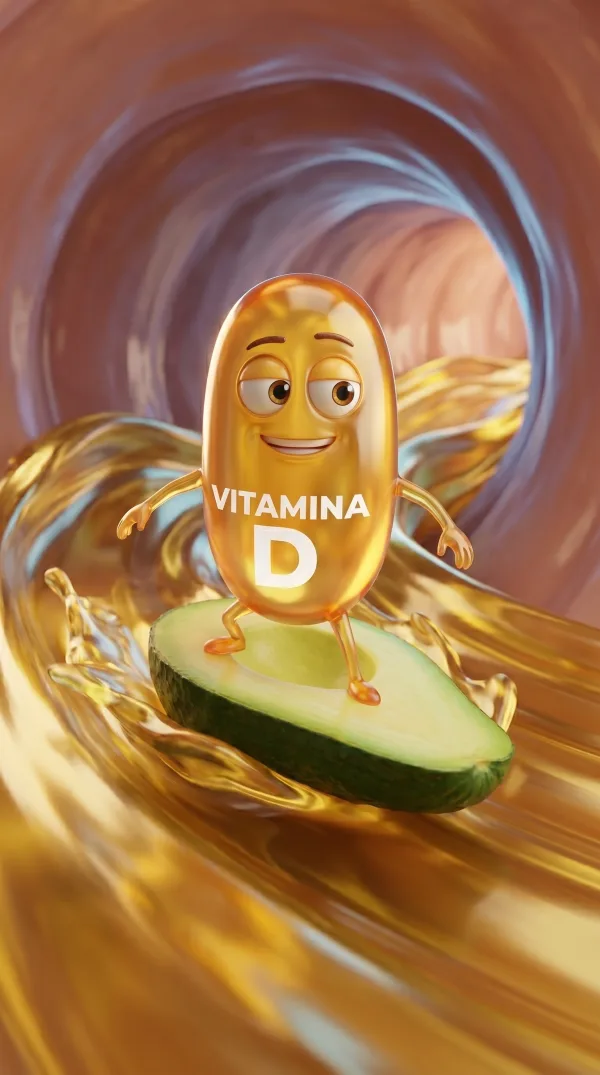 Escena animada: personaje de Vitamina D sobre una ola de grasa