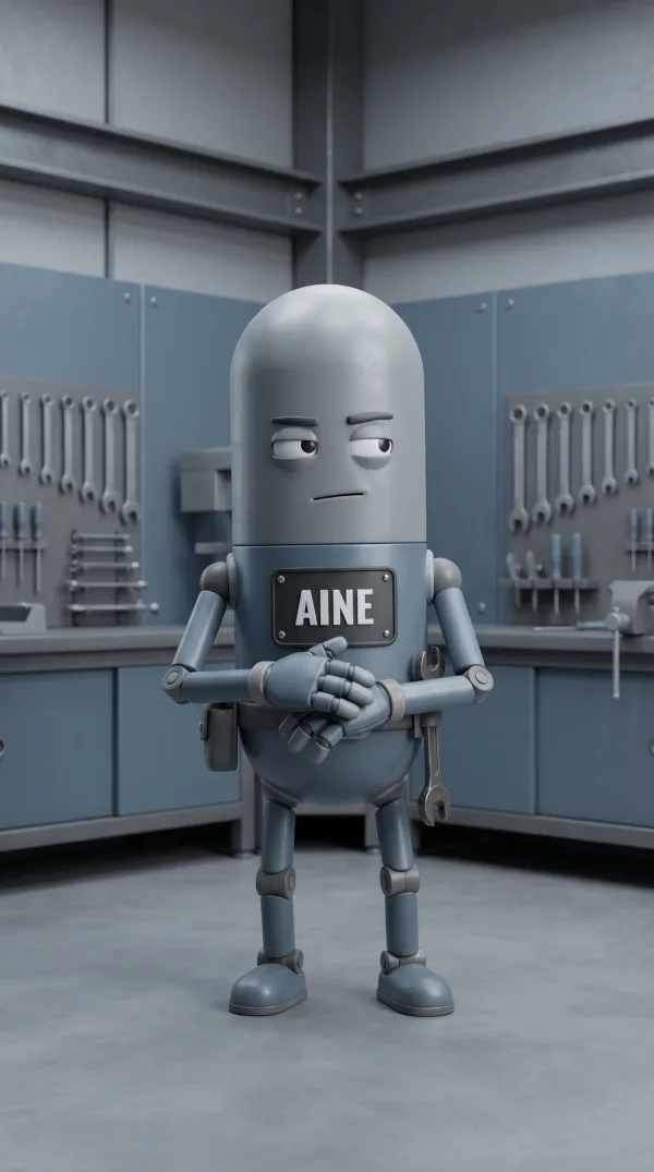 Escena animada: personaje AINE en un taller mecánico