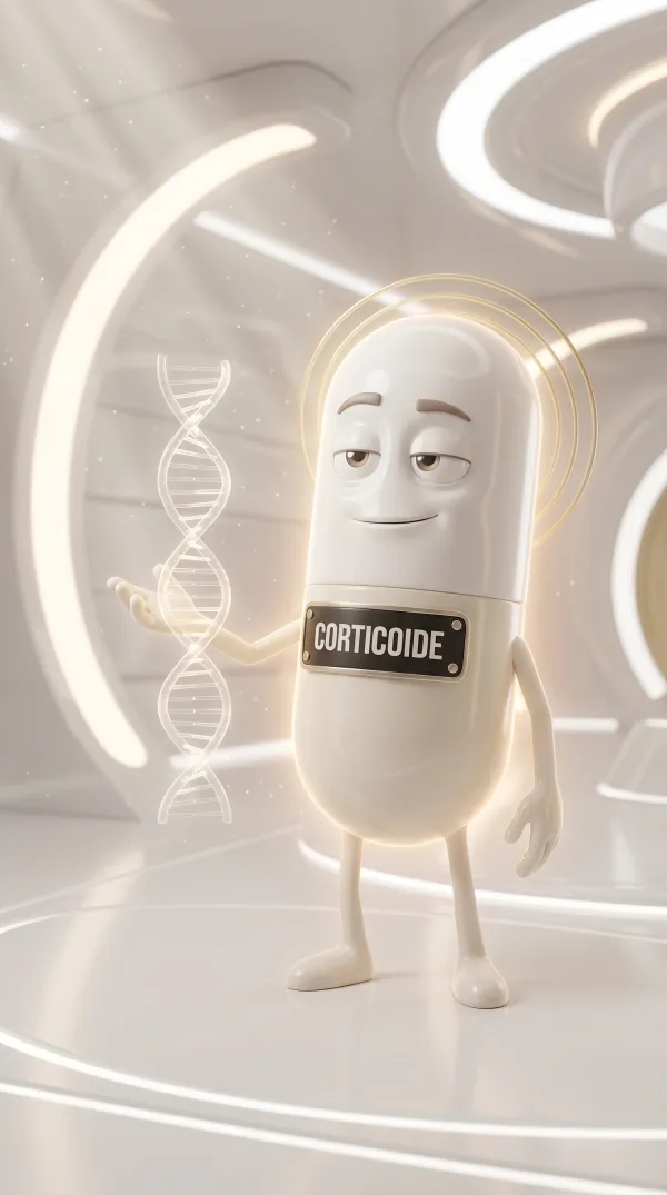Escena animada: personaje Corticoide junto a una cadena de ADN