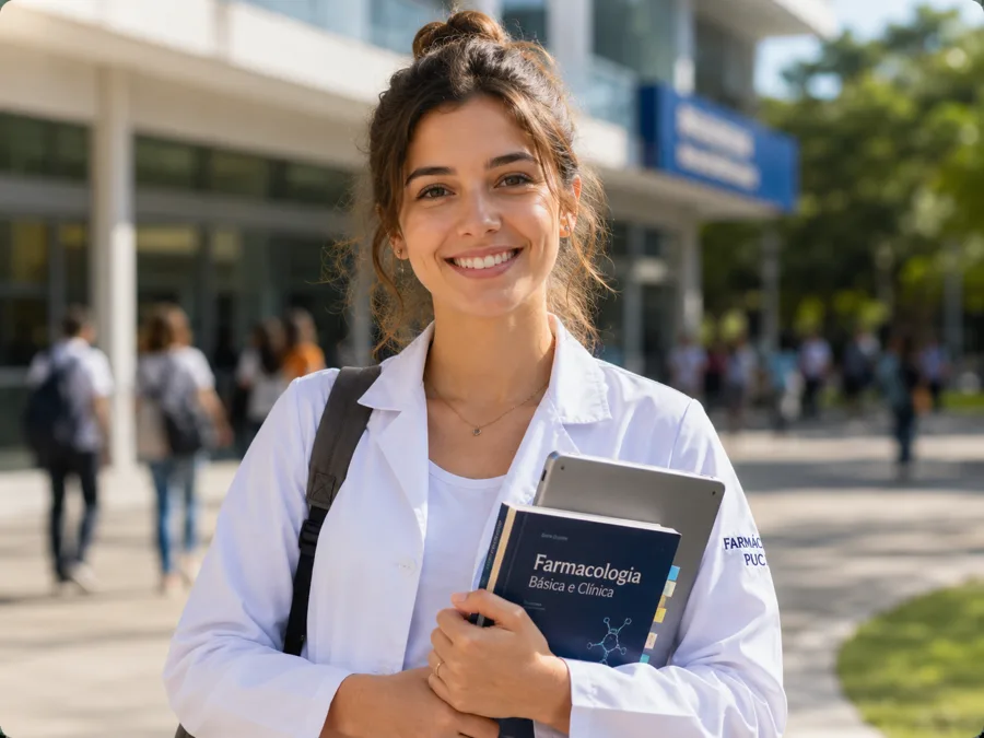 Estudiante del área de la salud con libro de Farmacología