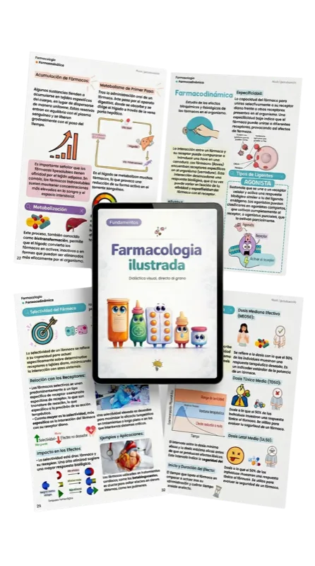 Kit de Farmacología Ilustrada: mockup con páginas de muestra